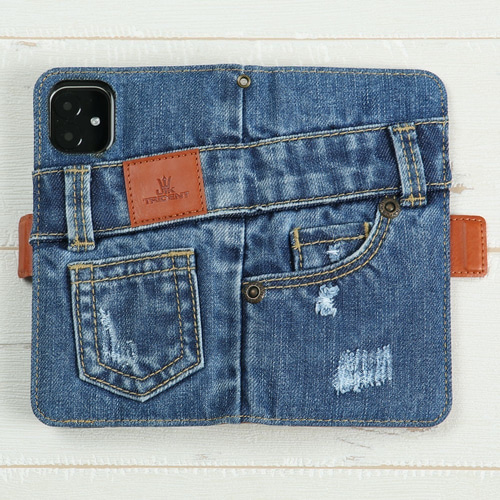 手作り本格デニム iPhone 13mini 用 手帳型 デニム アイフォン