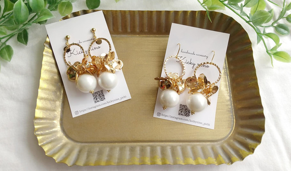 ゴールドフラワー×つやつやパールピアス／イヤリング ピアス