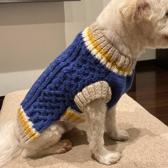 受注製作　犬用あらん編み柄*ブルー系*セーター　SS～LL 4枚目の画像