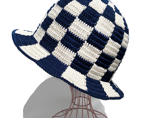 クロシェハット】NAVY×OFF ブロックチェック バケットハット