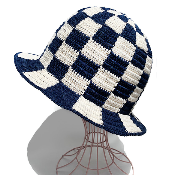 クロシェハット】NAVY×OFF ブロックチェック バケットハット
