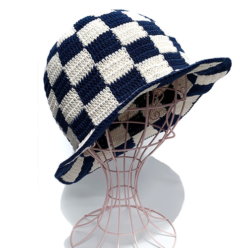 ブラック チェック バケットハット クロシェハット】NAVY×OFF ブロックチェック バケットハット
