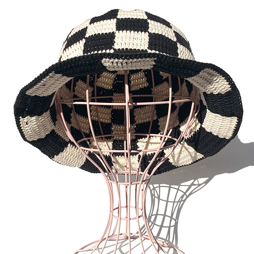 クロシェハット】BLACK×OFF ブロックチェック バケットハット クロシェハット】BLACK×OFF ブロックチェック バケットハット