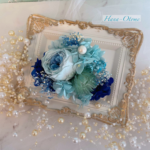 再販】ブルーローズ〜青の世界〜のコサージュ プリザーブドフラワー