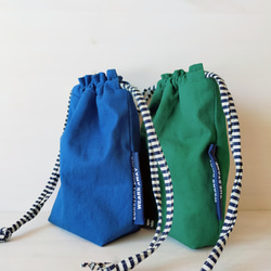道具袋＊給食袋*11号帆布くすんだ青＆くすんだ緑×ボーダー　2サイズ　*選べる持ち手　巾着袋 8枚目の画像