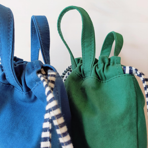 道具袋＊給食袋*11号帆布くすんだ青＆くすんだ緑×ボーダー　2サイズ　*選べる持ち手　巾着袋 5枚目の画像