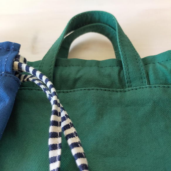 道具袋＊給食袋*11号帆布くすんだ青＆くすんだ緑×ボーダー　2サイズ　*選べる持ち手　巾着袋 10枚目の画像