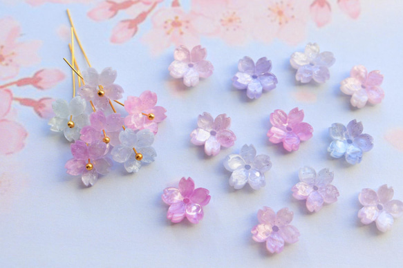 新作★桜のアセテートパーツ　ブルー、ピンク、パープルグラデーション 9枚目の画像