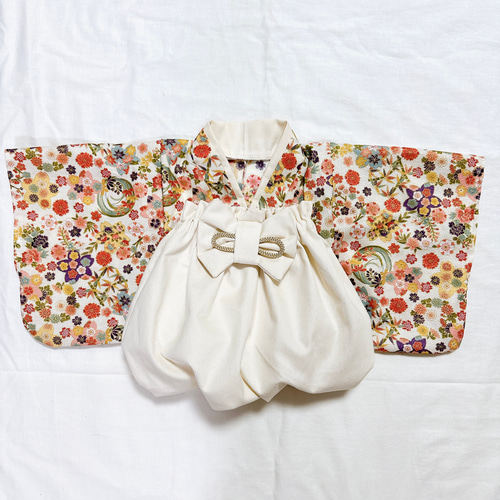 ベビー袴 ハンドメイド 70〜100 百日祝い 袴ロンパース 花柄×きなり袴