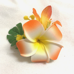 再販　ハワイアン髪飾りフラダンス 花飾り プルメリア　オレンジミニクリップ　モンステラ 1枚目の画像