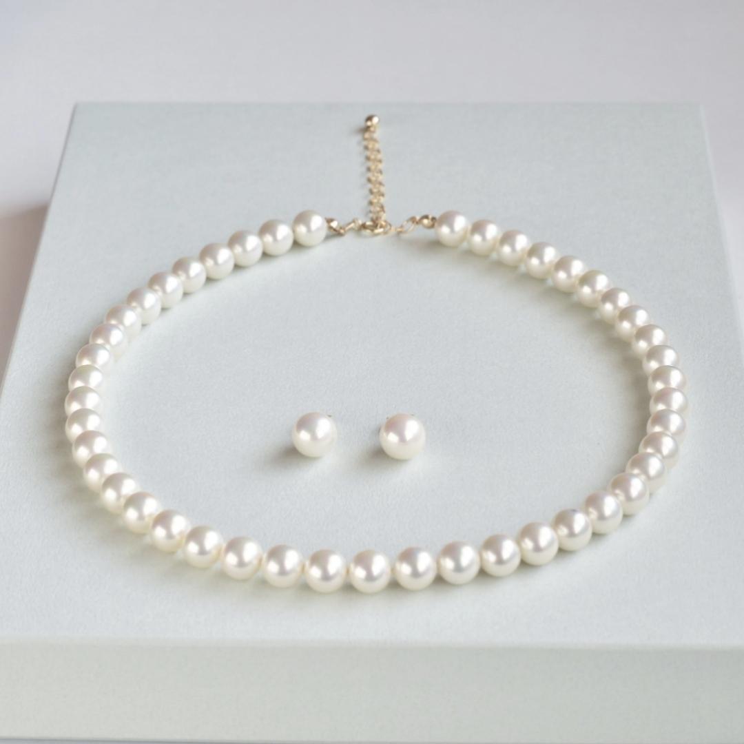 国産貝パールセット 8㎜ネックレス 一粒イヤリング/ピアス フォーマル セレモニー 入学式 卒業式  シルバー選択可