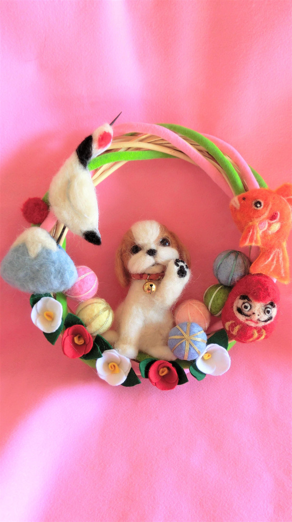 オーダーページ2・フェルト飾り・フェルトリース✽わんちゃんと一緒 ☆犬ちゃんの種類かえられます*羊毛フェルトリース＊招き犬＊壁飾り