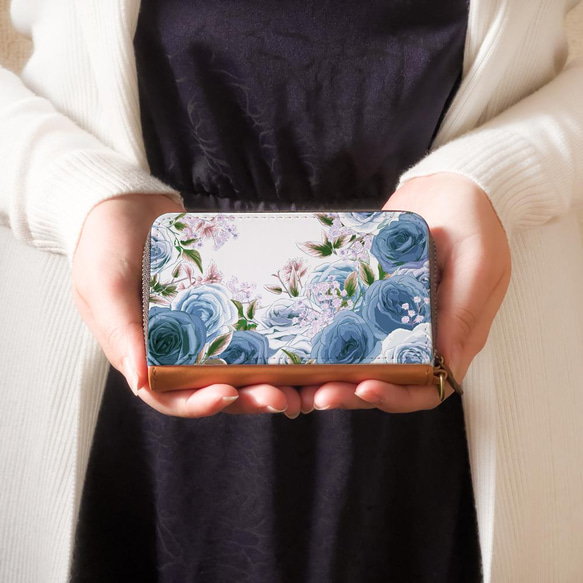 [迷你錢包/緊湊型錢包]玫瑰園藍色花卉圖案[通行證/硬幣盒] 第1張的照片