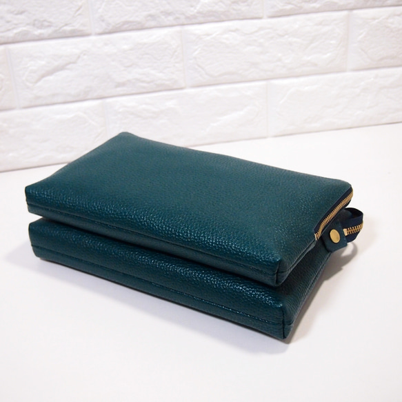 ★ハンドメイド★日本製★本革★お財布ポシェット★L字ファスナー・特大寸★斜め掛けショルダーバッグ★ブルーグリーン★スマホ 5枚目の画像
