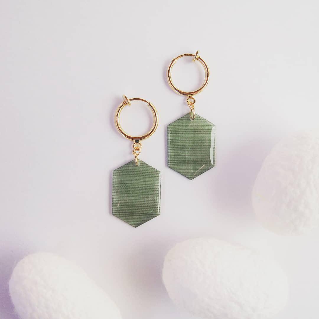 結城紬のイヤリング(緑 / 亀甲 / K16GP)