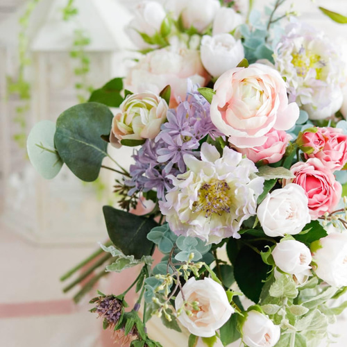 【みわ】une flower worksブーケ ふわふわウェディングドレスにお似合いのアートフラワーブーケ