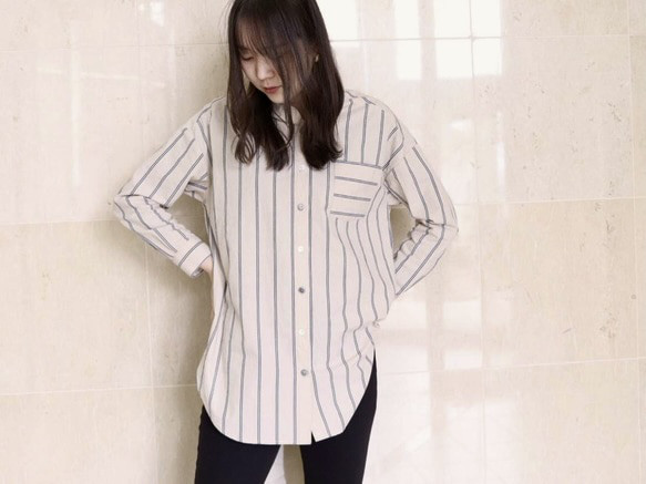 暮らしに便利なアイテム ベージュのロングストライプシャツ No.222 シャツ Mauve pink シャツ+ブラウス(長袖+七分)