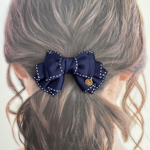 フリルが可愛い♡ステッチリボンのヘアアクセ ネイビー ヘアゴム