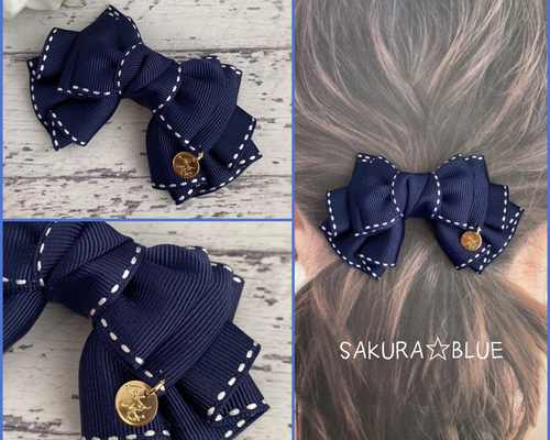 【ネイビー✕ピンク】ラインリボン♡ヘアゴム 47d9ef2678735abecca2b2bdd2b321