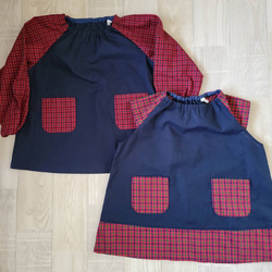 80～150size タータンチェック 赤 半袖スモック ショート袖 袖チェック 4枚目の画像