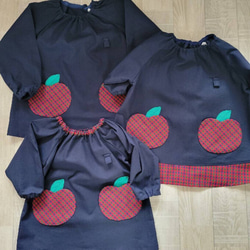 80～150size りんごポケット タータンチェック 赤 長袖スモック 切替 ツヤ加工あり 7枚目の画像
