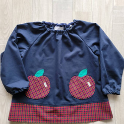 80～150size りんごポケット タータンチェック 赤 長袖スモック 切替 ツヤ加工あり 11枚目の画像