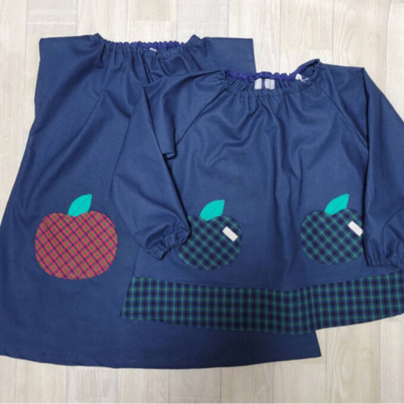 80～150size りんごポケット タータンチェック 緑 長袖スモック 切替あり 3枚目の画像
