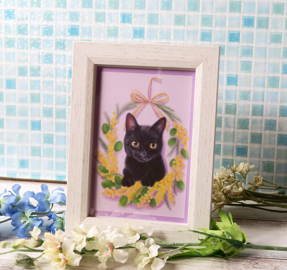 フレーム付きポストカード〈黒猫とミモザ〉 3枚目の画像