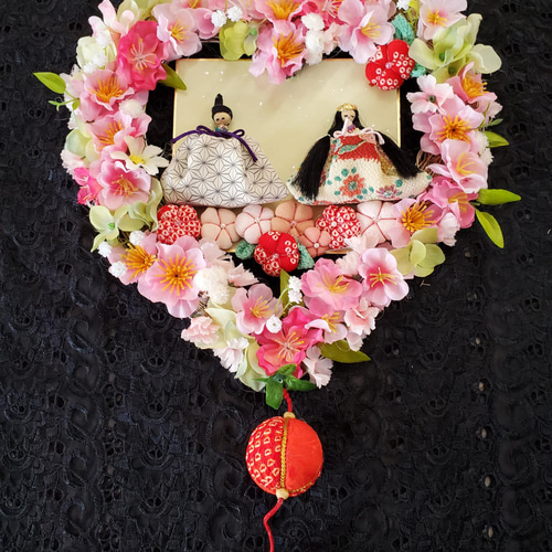 手作りおひな様のハートリース、ひな祭り、ひな人形、桃の節句、壁掛け
