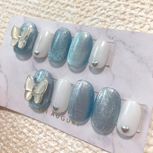 ネイルチップ 蝶々 韓国 青 マグネットネイル ハート ネイル