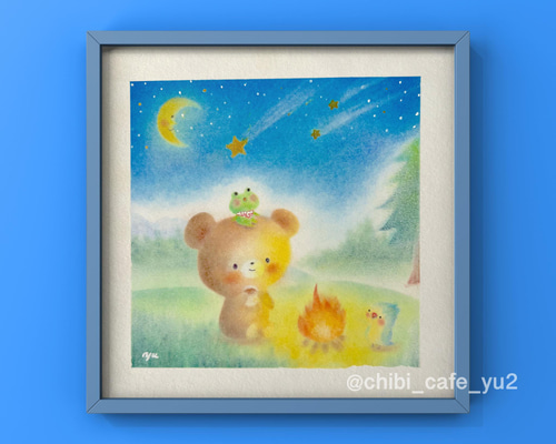 原画】「キャンプを楽しむくまさん達」 パステルアート 動物 熊