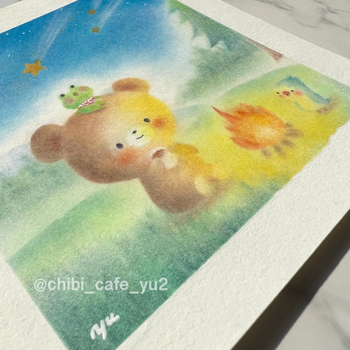 原画】「キャンプを楽しむくまさん達」 パステルアート 動物 熊
