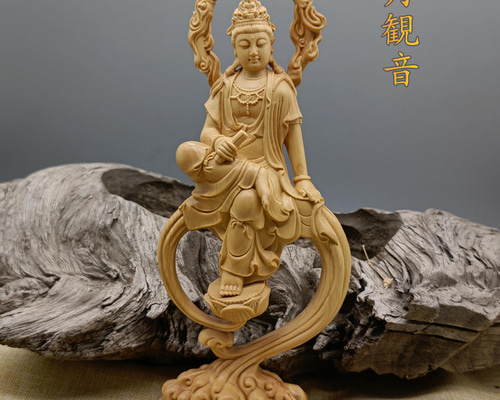修縁堂】木彫り 仏像 千手観音菩薩立像 彫刻 一刀彫 天然木檜材