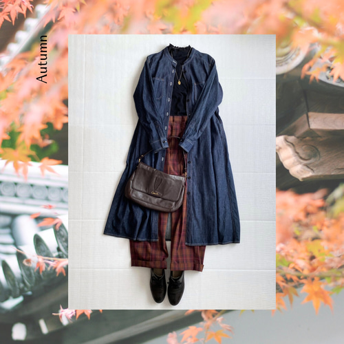 二色ステッチのデニムワンピース〈ネイビー〉大人シャツワンピース