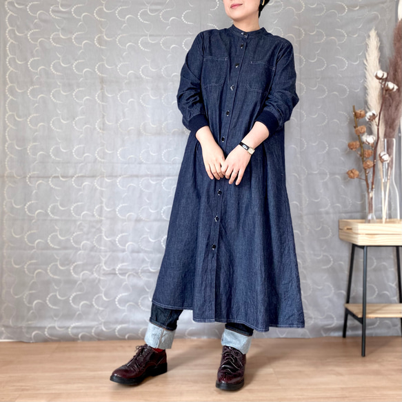 二色ステッチのデニムワンピース〈ネイビー〉大人シャツ 二色ステッチのデニムワンピース〈ネイビー〉大人シャツ