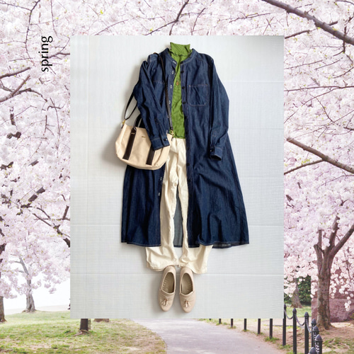 二色ステッチのデニムワンピース〈ネイビー〉大人シャツワンピース