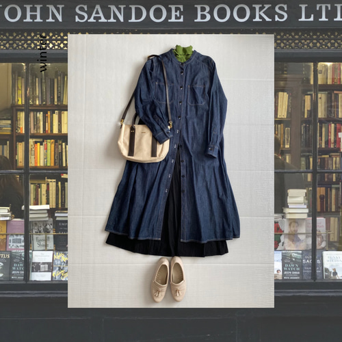 二色ステッチのデニムワンピース〈ネイビー〉大人シャツワンピース