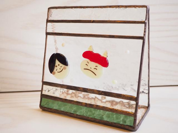 ステンドグラスの節分飾り（オニとお福さん） 2枚目の画像