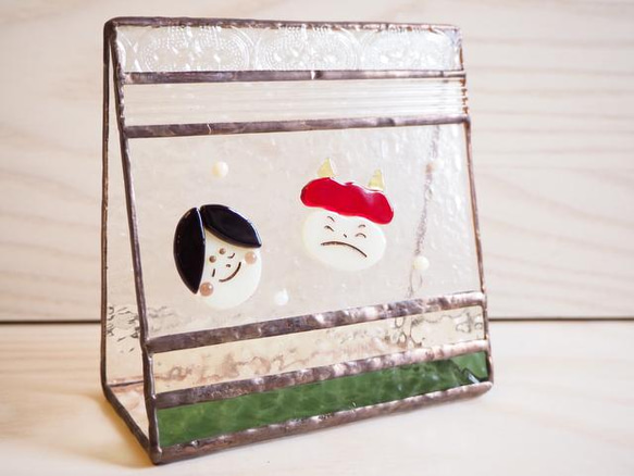 ステンドグラスの節分飾り（オニとお福さん） 1枚目の画像