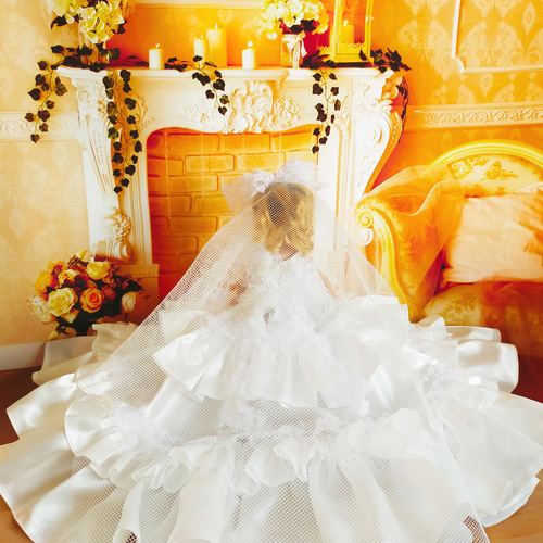 リカちゃん　ブライス　花嫁衣装 ブライスちゃん花嫁衣装（オレンジカラー） リカちゃんsizeつまみ細工