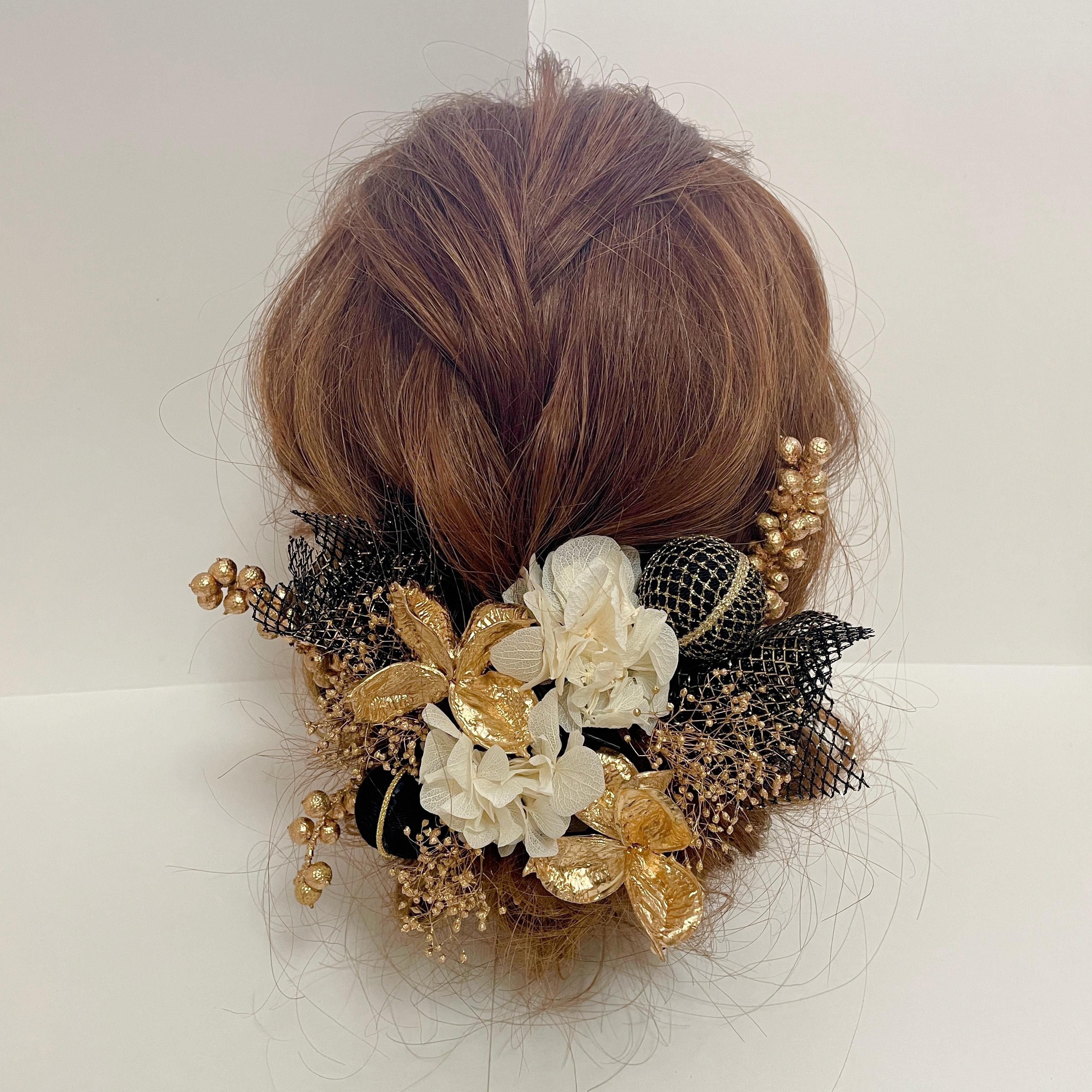 ドライフラワー ヘッドドレス 黒ゴールド 玉かんざし 和装 髪飾り 成人式 結婚式 卒業式 ブライダル 振袖 袴 リーフ
