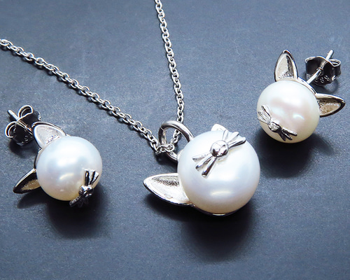 セット販売 シルバー925 ヒゲつき猫耳パールの可愛いピアス