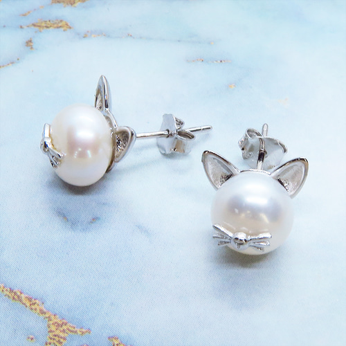 セット販売 シルバー925 ヒゲつき猫耳パールの可愛いピアス