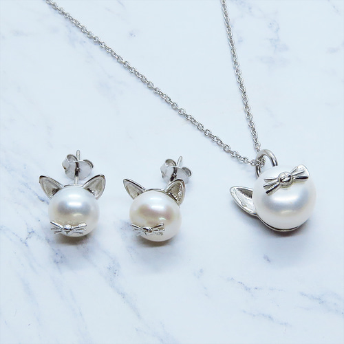 セット販売 シルバー925 ヒゲつき猫耳パールの可愛いピアス