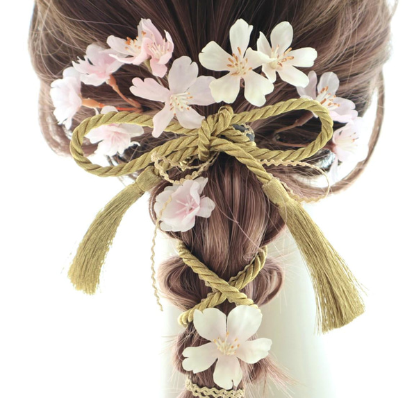 ヘッドドレス　桜　髪飾り　ヘアパーツ　ローポニー　ゴールド  結婚式　ウェディング　ブライダル　成人式　卒業式　 1枚目の画像