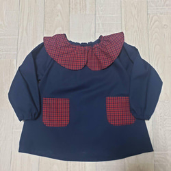 80～160】レッド チェック ネイビー 襟つき 長袖スモック レース追加