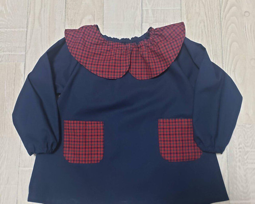 80～160】レッド チェック ネイビー 襟つき 長袖スモック レース追加