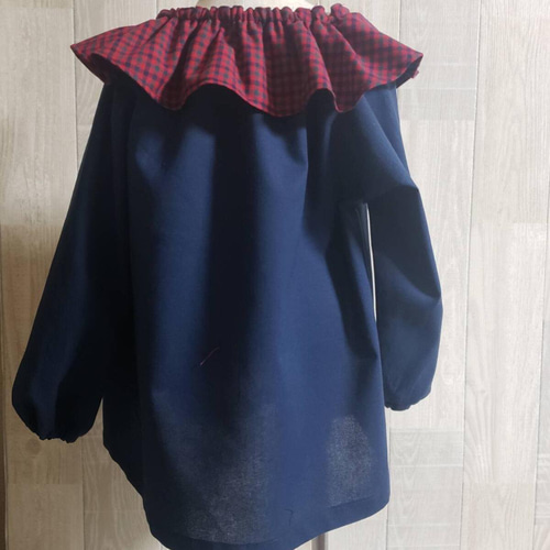 80～160】レッド チェック ネイビー 襟つき 長袖スモック レース追加