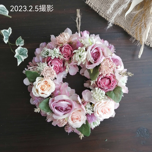 受注制作)【お花いっぱい♪】ピンクのフラワーリース 小さめ 壁飾り