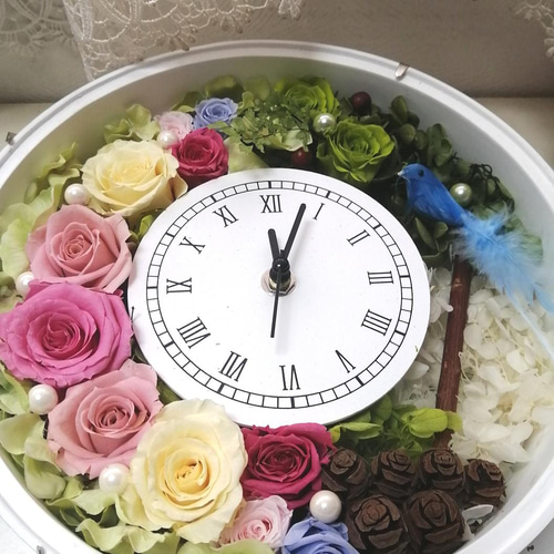 Alice flower プリザーブドフラワー置き時計 幸せを呼ぶ青い鳥の花時計